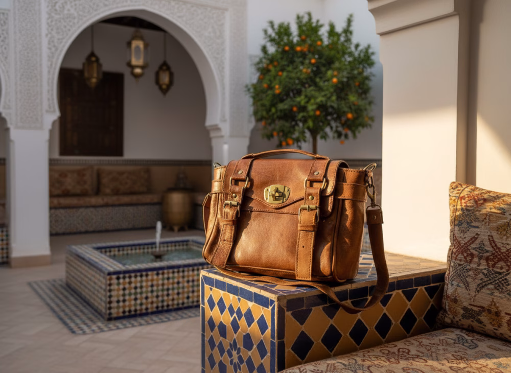 Vintage leather satchel bag photographed in a Moroccan courtyard, travel aesthetic.