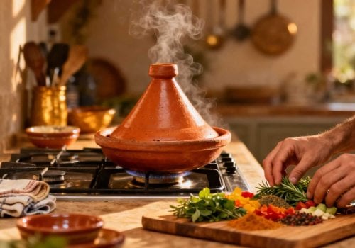 Cozy lifestyle image featuring a clay tagine pot cooking with warm amber lighting and a person's hands arranging fresh ingredients.