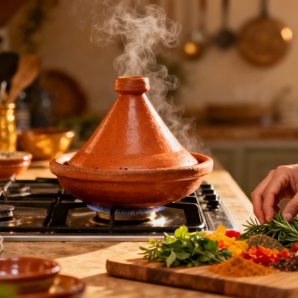 Cozy lifestyle image featuring a clay tagine pot cooking with warm amber lighting and a person's hands arranging fresh ingredients.