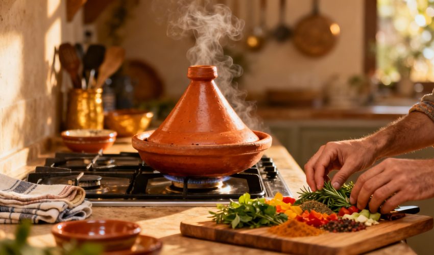 Cozy lifestyle image featuring a clay tagine pot cooking with warm amber lighting and a person's hands arranging fresh ingredients.