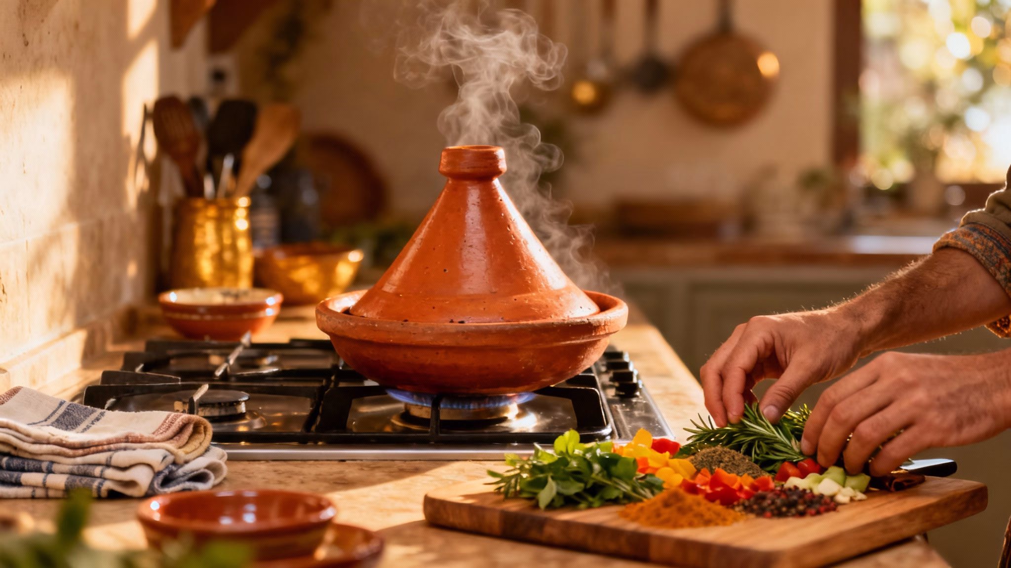 Cozy lifestyle image featuring a clay tagine pot cooking with warm amber lighting and a person's hands arranging fresh ingredients.