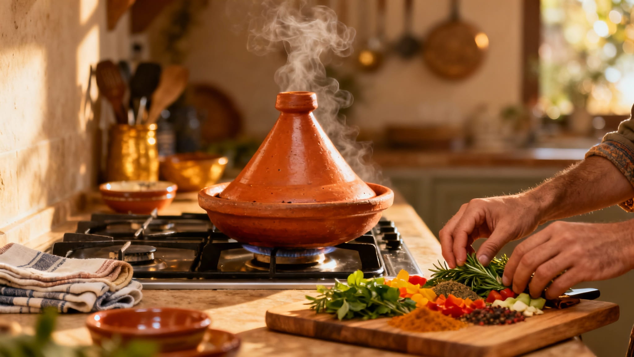 Cozy lifestyle image featuring a clay tagine pot cooking with warm amber lighting and a person's hands arranging fresh ingredients.