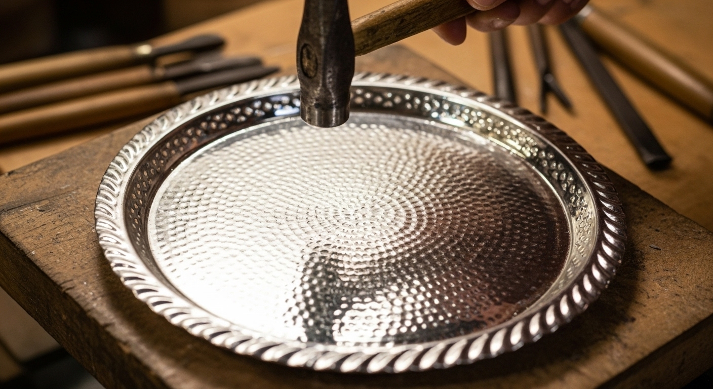 Top-down macro shot of an artisan's hand using a small hammer to create a decorative hammered texture on a silver-plated Moroccan tray.