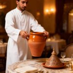 Traditional tangia pot terracotta clay being held by chef in Moroccan restaurant, authentic handmade vessel