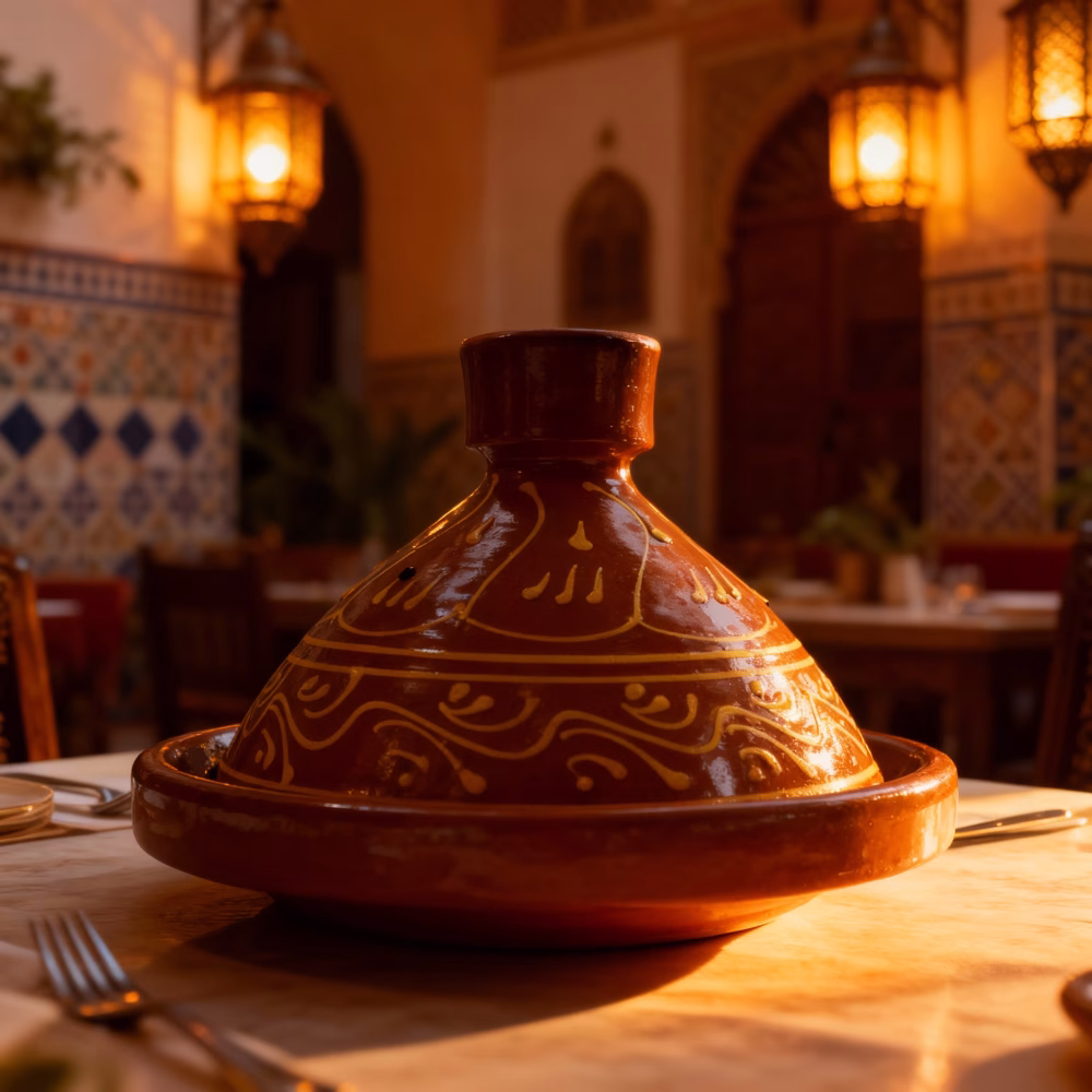 Traditional tagine pot in warm restaurant setting with ambient lighting