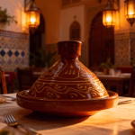 Traditional tagine pot in warm restaurant setting with ambient lighting