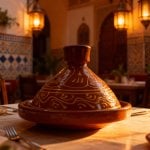 Terracotta tagine pot in atmospheric Moroccan restaurant setting with traditional lanterns and tile work