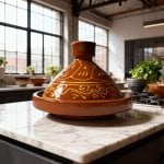 Hand-painted terracotta tagine pot on marble counter, modern kitchen with golden decorative ceramic clay cookware