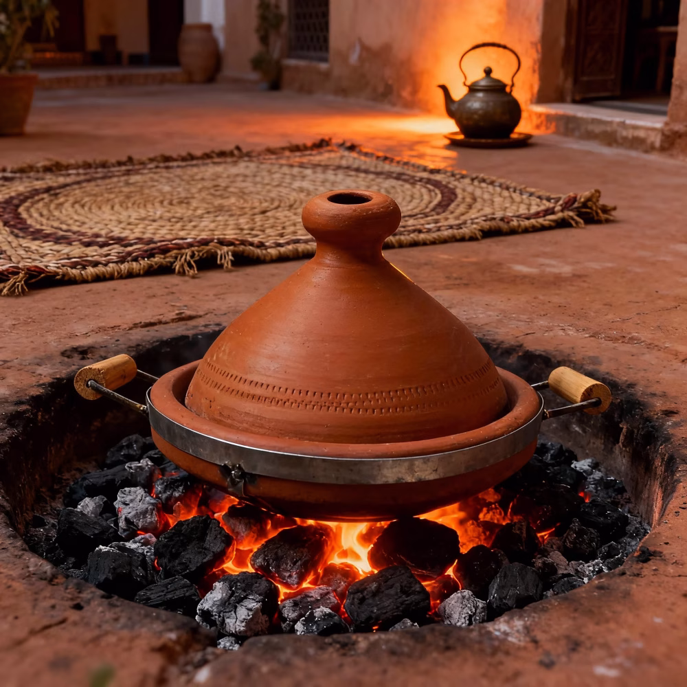 Unglazed terracotta tagine with handles cooking over open charcoal fire in authentic Moroccan courtyard