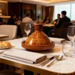 Terracotta tagine pot on restaurant table, decorative ceramic clay cookware with hand-painted gold designs