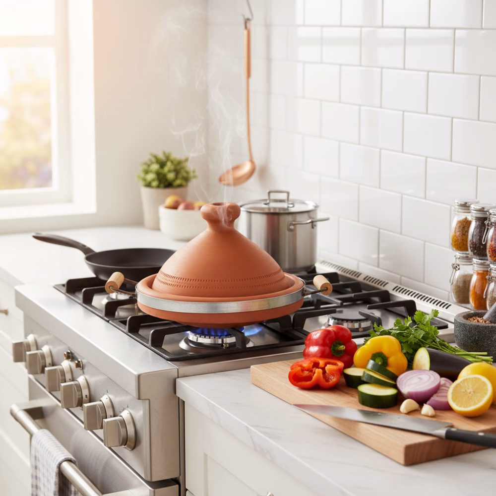 Moroccan cooking tagine with wooden handles on modern kitchen stovetop with fresh vegetables