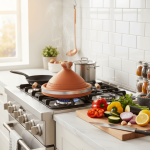 Terracotta tagine pot with wooden handles on white kitchen stovetop next to fresh vegetables
