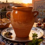 Moroccan tangia pot terracotta clay on rooftop table with tea, handcrafted ceramic cooking vessel at sunset