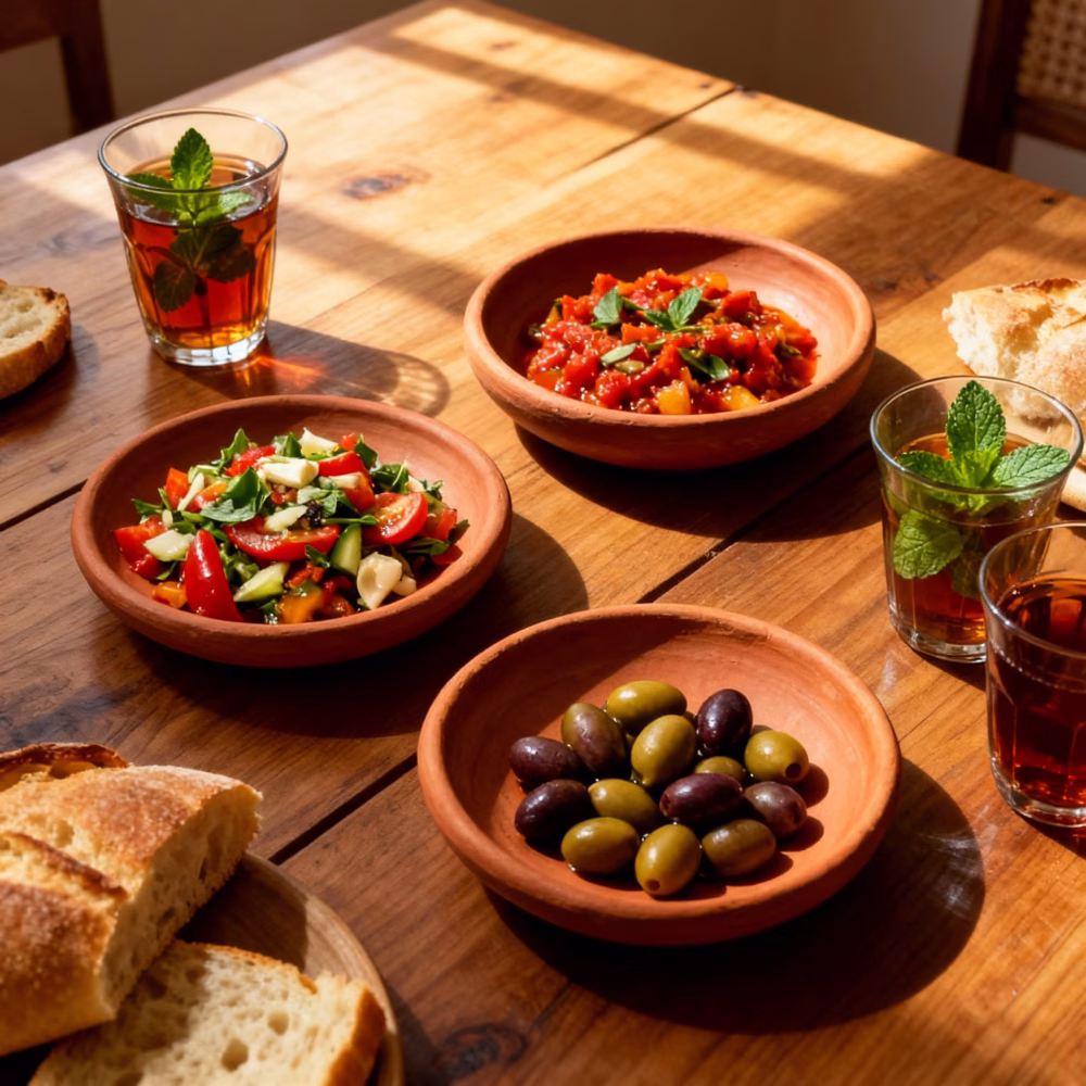 Set of terracotta earthen plates stacked in Moroccan kitchen with fresh vegetables