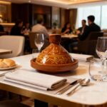 Terracotta tagine pot on restaurant table, decorative ceramic clay cookware with hand-painted gold designs
