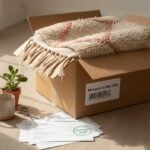 A shipping box is open on a wooden floor, with a colorful Moroccan rug visible inside. The shipping label reads "Morocco to the USA," the customs paperwork is stamped "customs duties paid," and a coffee cup and plant are nearby.