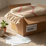 A shipping box is open on a wooden floor, with a colorful Moroccan rug visible inside. The shipping label reads "Morocco to the USA," the customs paperwork is stamped "customs duties paid," and a coffee cup and plant are nearby.
