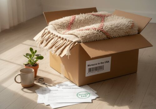 A shipping box is open on a wooden floor, with a colorful Moroccan rug visible inside. The shipping label reads "Morocco to the USA," the customs paperwork is stamped "customs duties paid," and a coffee cup and plant are nearby.