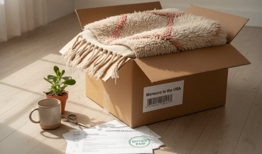 A shipping box is open on a wooden floor, with a colorful Moroccan rug visible inside. The shipping label reads "Morocco to the USA," the customs paperwork is stamped "customs duties paid," and a coffee cup and plant are nearby.