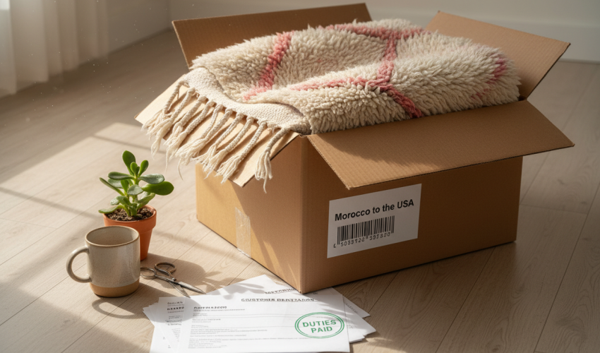 A shipping box is open on a wooden floor, with a colorful Moroccan rug visible inside. The shipping label reads "Morocco to the USA," the customs paperwork is stamped "customs duties paid," and a coffee cup and plant are nearby.