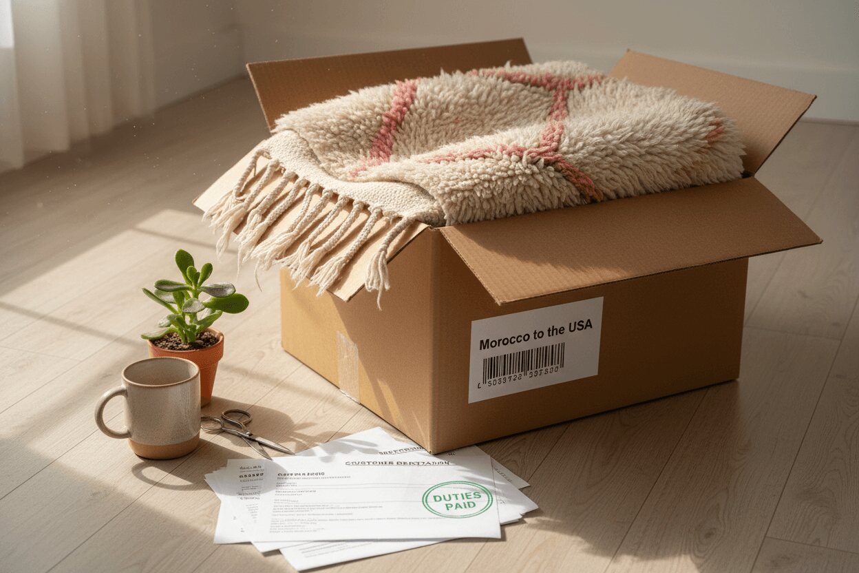 A shipping box is open on a wooden floor, with a colorful Moroccan rug visible inside. The shipping label reads "Morocco to the USA," the customs paperwork is stamped "customs duties paid," and a coffee cup and plant are nearby.