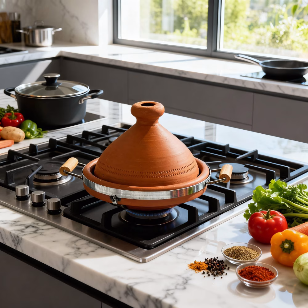 30cm Moroccan tagine with wooden handles and protective metal base on modern gas stove