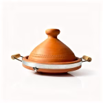 Authentic Moroccan tagine with handles and metal base on white background