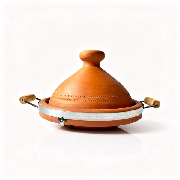 Authentic Moroccan tagine with handles and metal base on white background