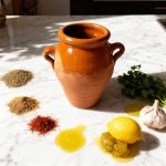 Handmade tangia pot terracotta clay with fresh ingredients, lemon, saffron, and herbs for Moroccan cooking