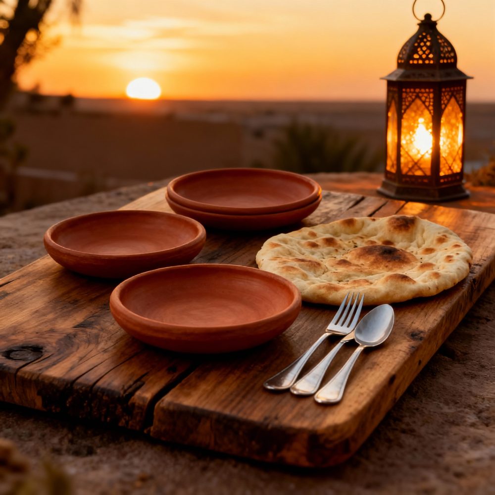 Moroccan earthen plates on rustic wooden board at sunset with traditional lantern