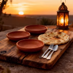 Moroccan earthen plates on rustic wooden board at sunset with traditional lantern