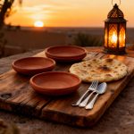Moroccan earthen plates on rustic wooden board at sunset with traditional lantern