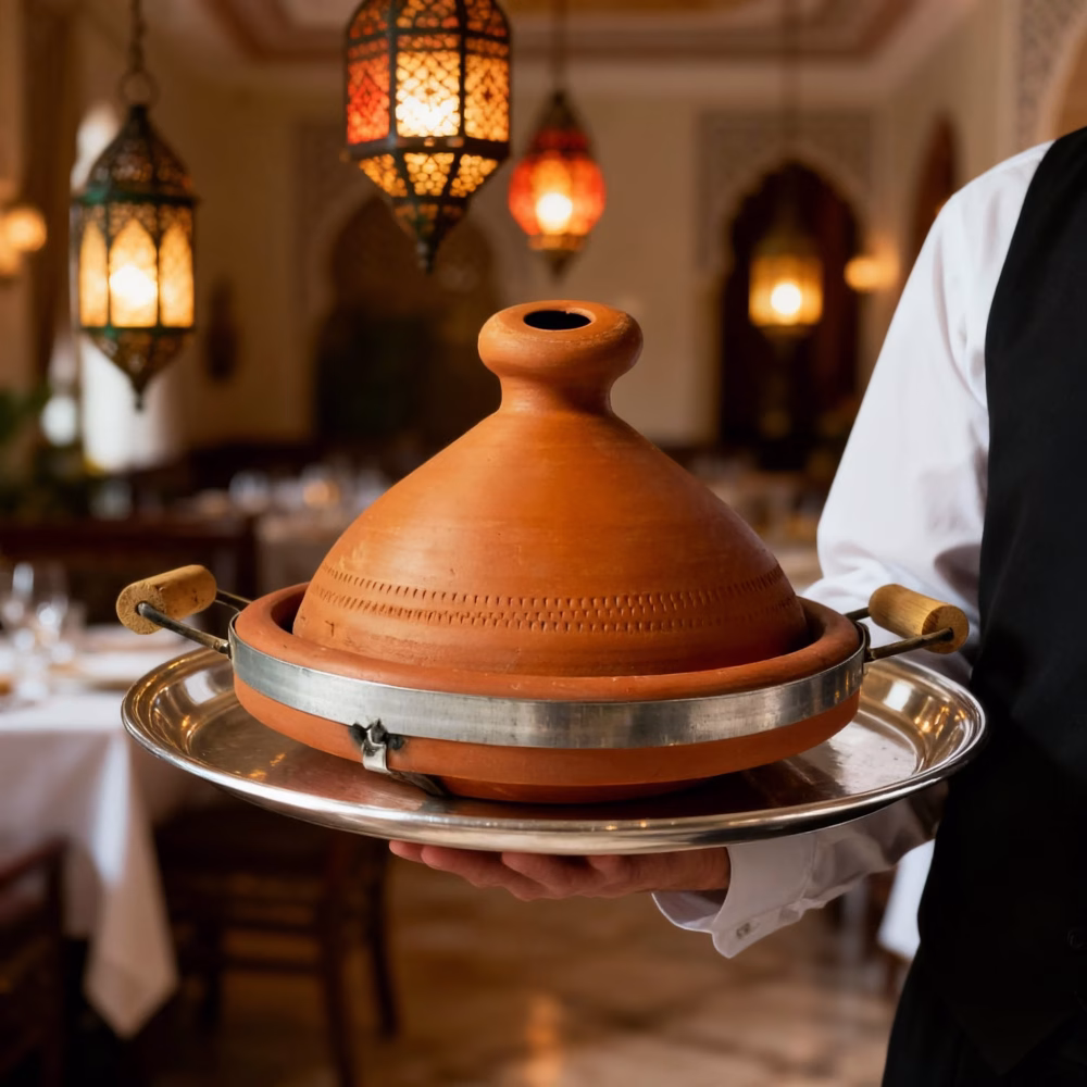 Handcrafted tagine with handles presented on silver tray in traditional Moroccan restaurant setting