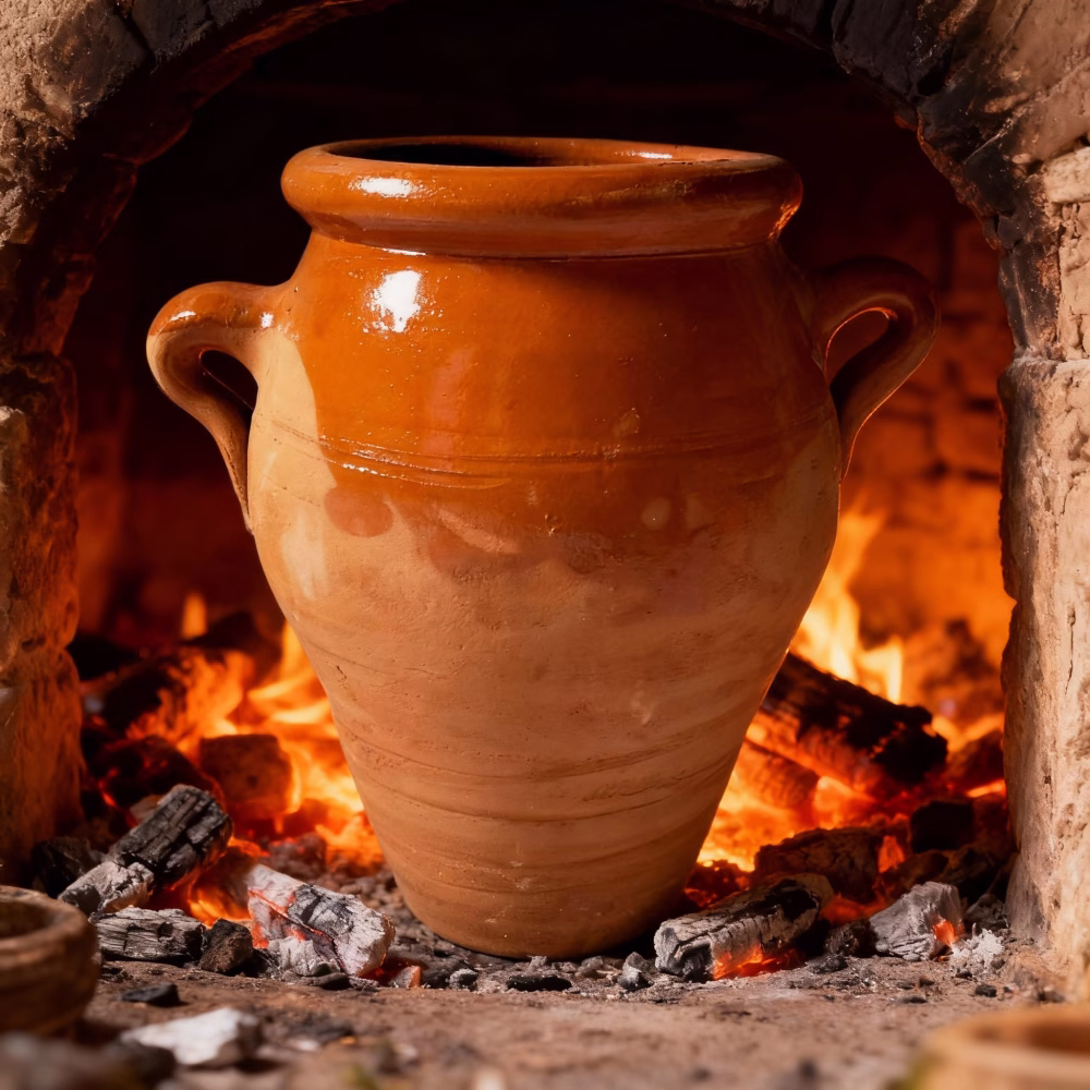 Authentic tangia pot cooking over charcoal fire in Marrakech