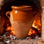 Tangia pot terracotta clay over open fire, traditional Moroccan slow-cooking method with glowing embers