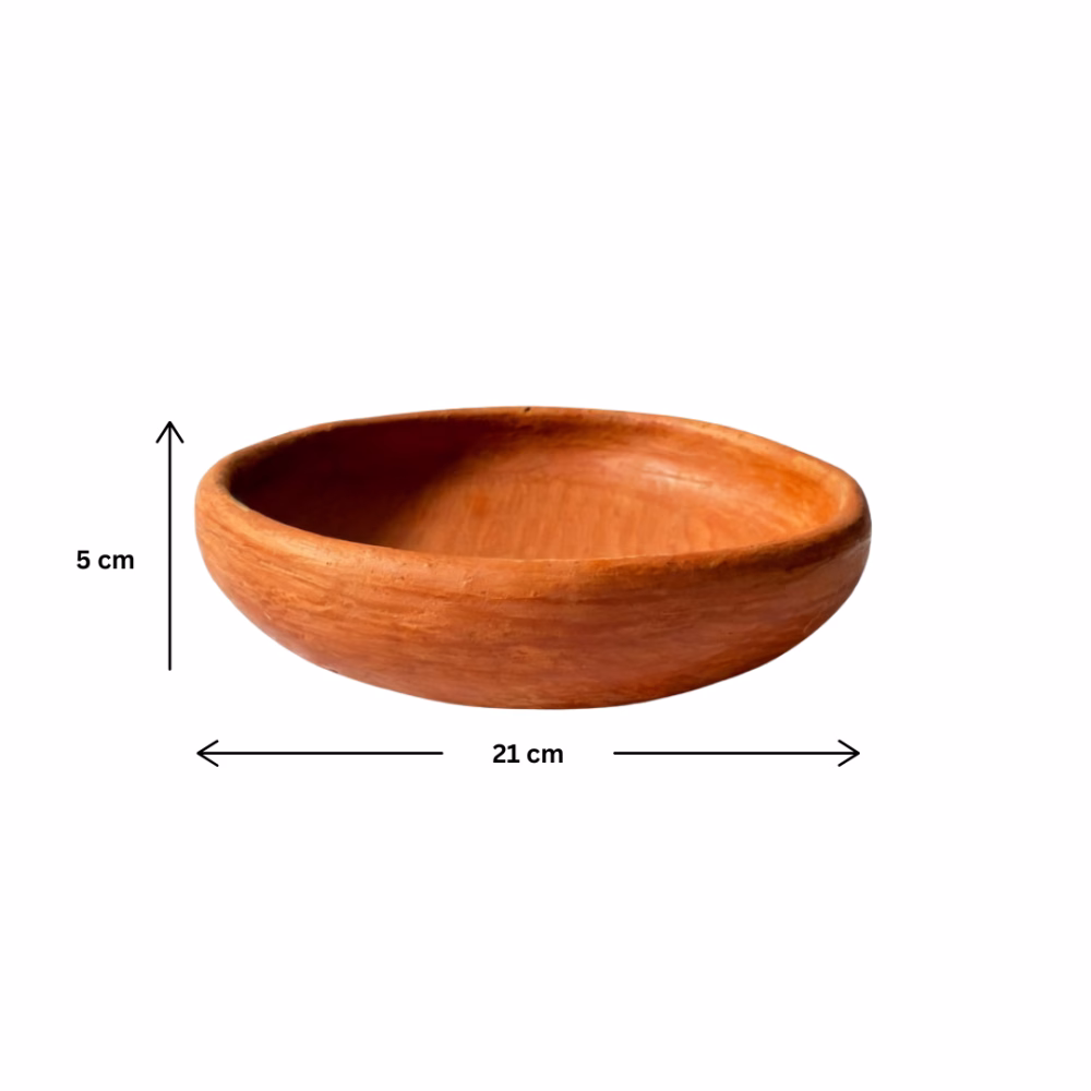 Handmade Moroccan terracotta earthen plate 21cm diameter with dimensions labeled