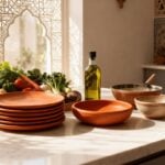 Stack of handmade terracotta ceramic plates in sunlit Moroccan kitchen with fresh vegetables
