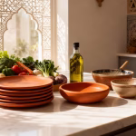 Set of terracotta earthen plates stacked in Moroccan kitchen with fresh vegetables