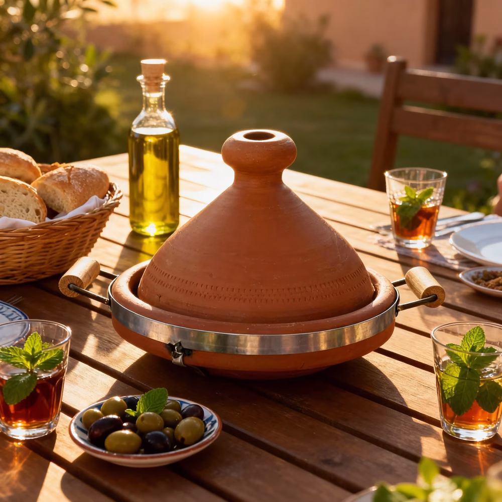 Traditional terracotta tagine with handles displayed on outdoor dining table with olive oil and bread