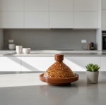 Terracotta tagine pot on modern kitchen counter, hand-painted ceramic clay cookware with decorative lid
