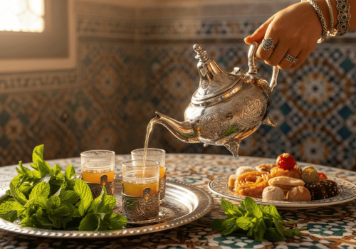 authentic Moroccan tea ceremony scene featuring your beautiful hand-engraved silver teapot with the ornate tripod feet. The image shows it pouring tea into ornate cups on a hammered silver tray, surrounded by fresh mint sprigs and Moroccan sweets, with a hand wearing traditional jewelry.