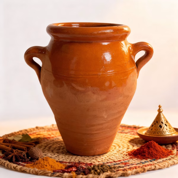 Handmade Moroccan tangia pot with terracotta glaze on decorative straw placemat