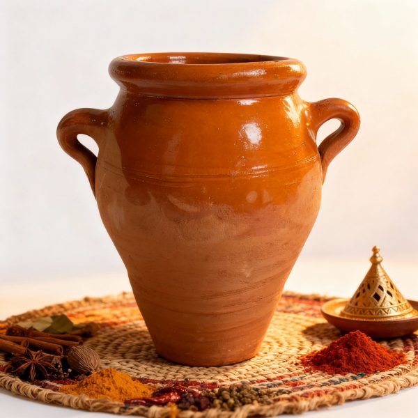 Handmade Moroccan tangia pot with terracotta glaze on decorative straw placemat