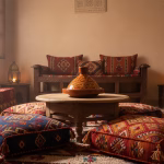 Authentic Moroccan tagine pottery arranged with traditional textiles and serving dishes