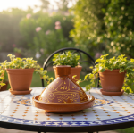 Terracotta tagine pot outdoors with garden view, golden-decorated ceramic clay cookware on mosaic table