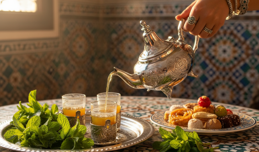 authentic Moroccan tea ceremony scene featuring your beautiful hand-engraved silver teapot with the ornate tripod feet. The image shows it pouring tea into ornate cups on a hammered silver tray, surrounded by fresh mint sprigs and Moroccan sweets, with a hand wearing traditional jewelry.