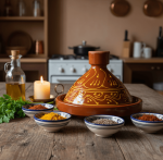 Traditional terracotta tagine pot with spices and herbs, authentic Moroccan ceramic clay cooking vessel