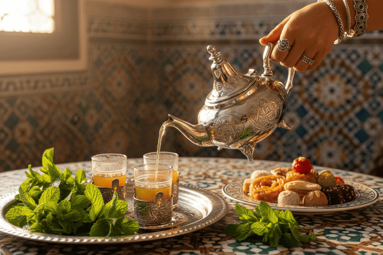 authentic Moroccan tea ceremony scene featuring your beautiful hand-engraved silver teapot with the ornate tripod feet. The image shows it pouring tea into ornate cups on a hammered silver tray, surrounded by fresh mint sprigs and Moroccan sweets, with a hand wearing traditional jewelry.