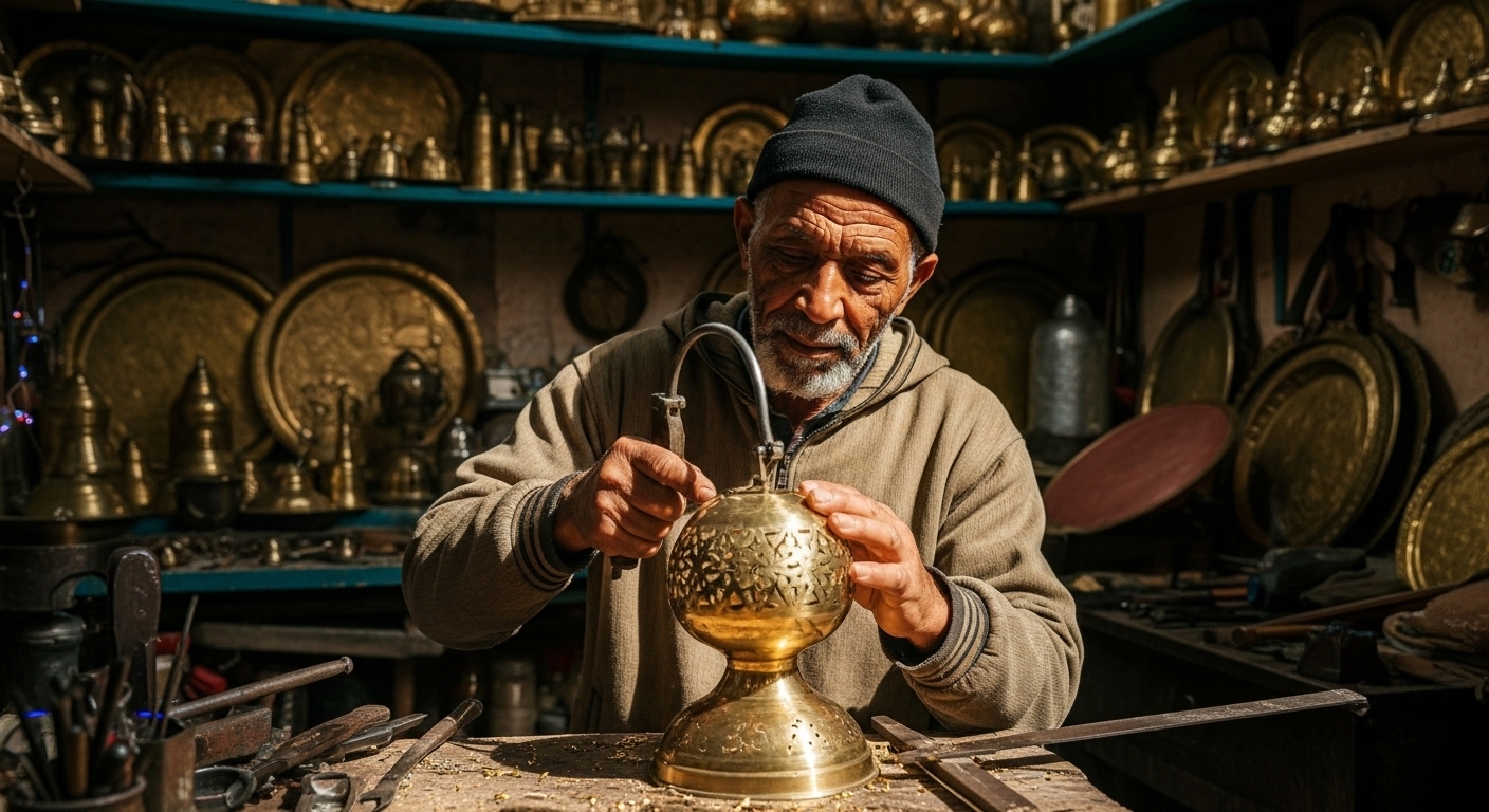 Master artisan Abdul Jalil uses a fine serrouj saw to hand-pierce an intricate pattern into a brass Moroccan lamp in his Marrakech workshop.