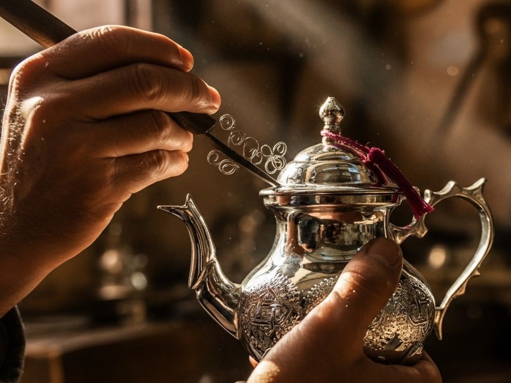 Close-up of a Maalem artisan's hands hand-engraving an intricate floral pattern onto a silver Moroccan teapot using the naqsh technique.